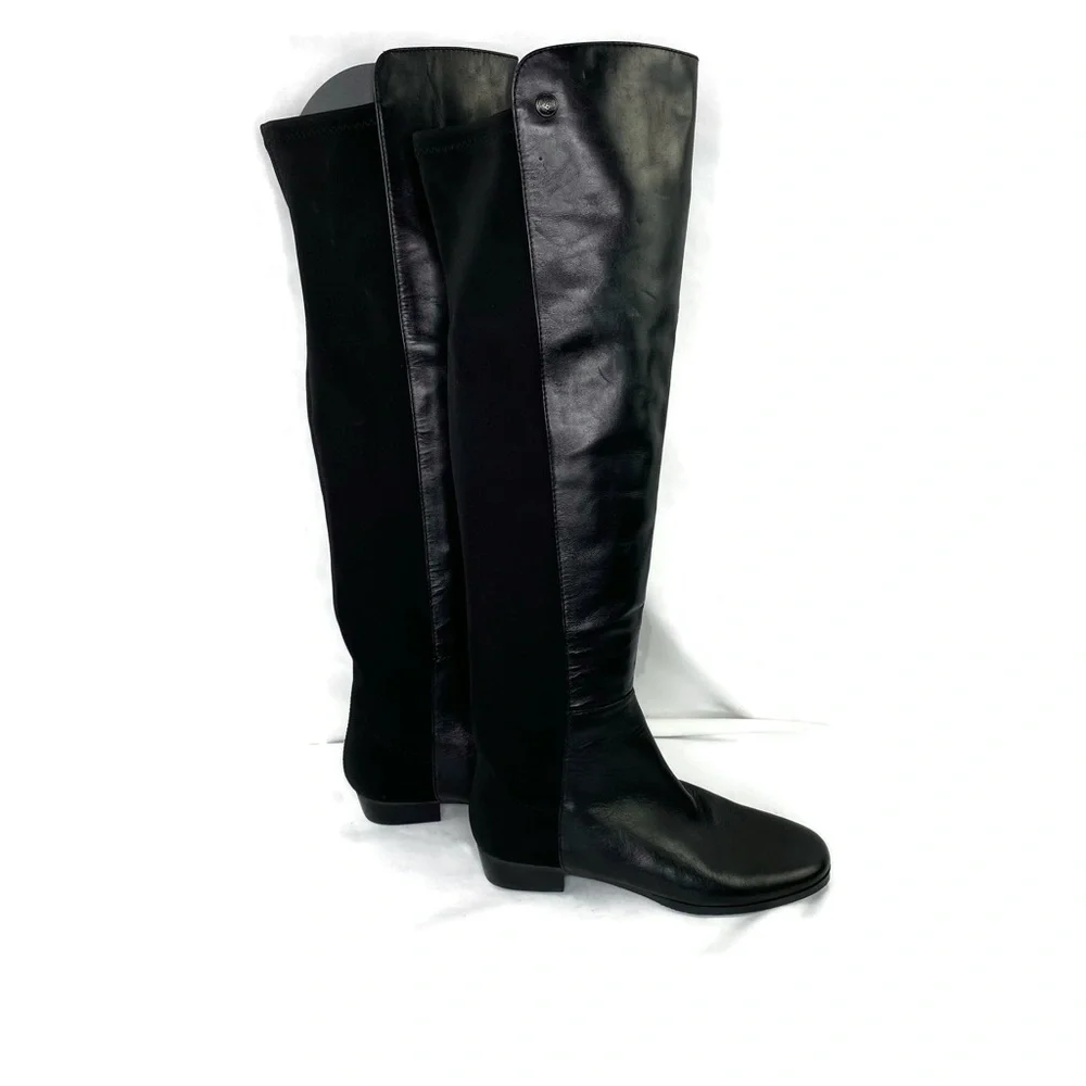 Vince Camuto Karita Black Leather and Neoprene Pull On Over The Knee Boot 5M